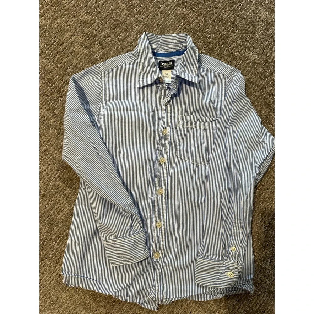 OshKosh B'gosh Boys Blue White Striped Long Sleeve Button Down Shirt Size 10
